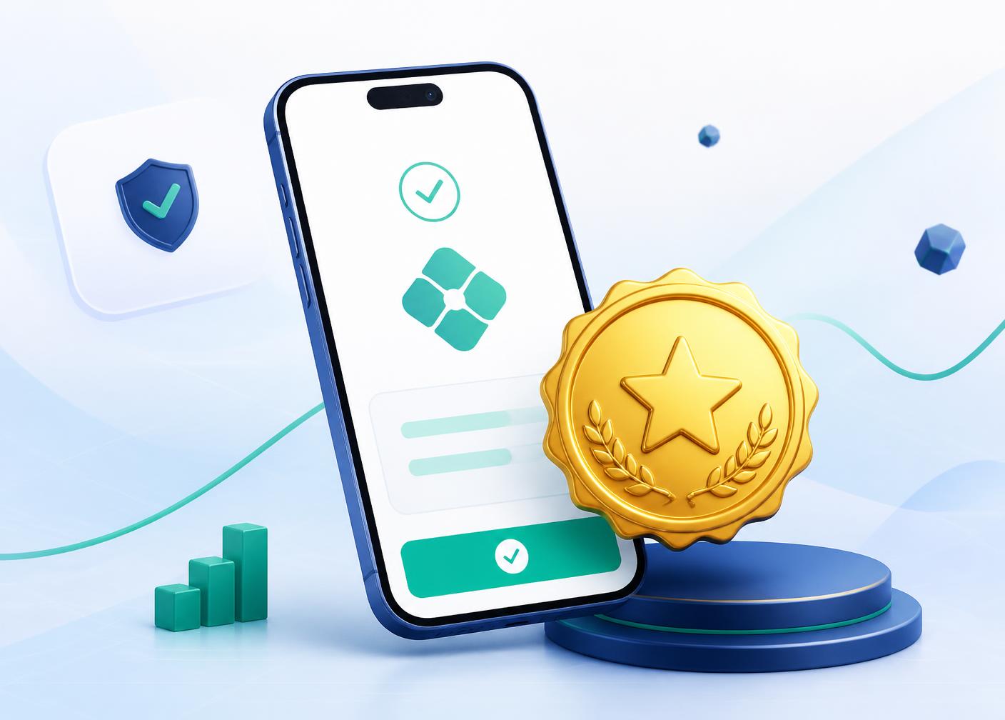Celular com pagamento Pix confirmado ao lado de um selo dourado de premiação